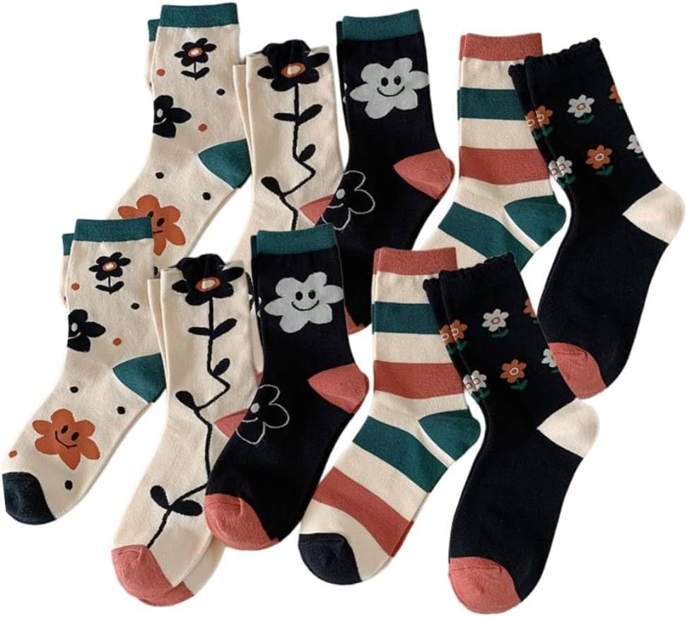 5/10 Pairs Embroidered Floral Socks for Women Combed Cotton Above Ankle Crew Socks