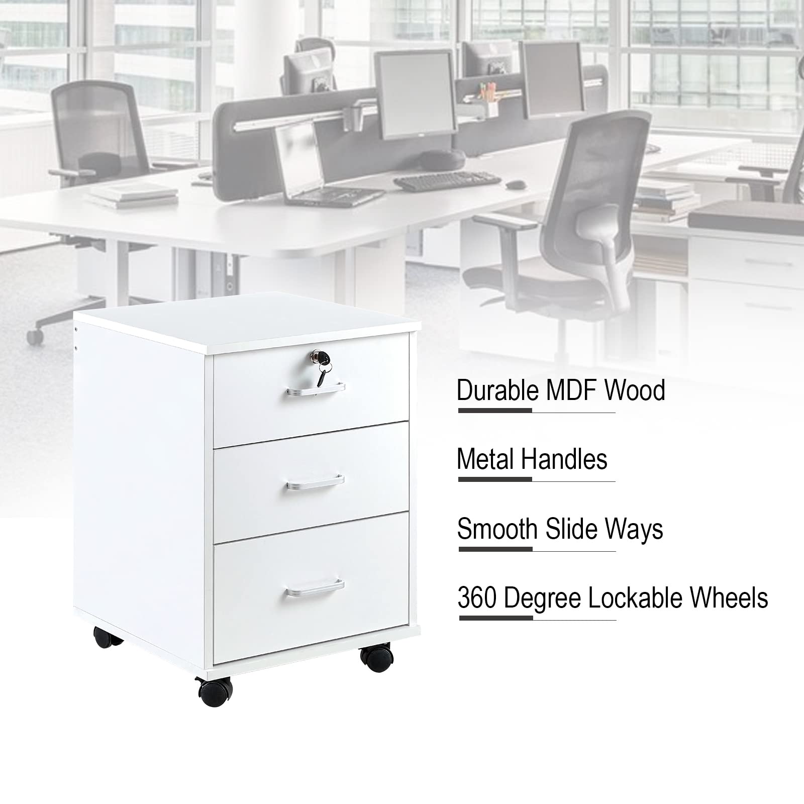 OFCASA Archivador móvil de 3 cajones con cerradura para oficina con ruedas, gabinete de almacenamiento de madera blanca para oficina en casa, 40 x 40 x 55 cm