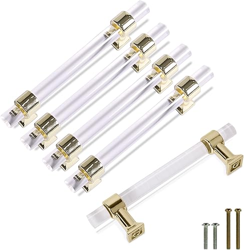 Miniatura 1 de Paquete de 5 manijas acrílicas para gabinetes, modernos tiradores de cajones dorados, manijas de gabinete de cocina, tiradores de cajón para