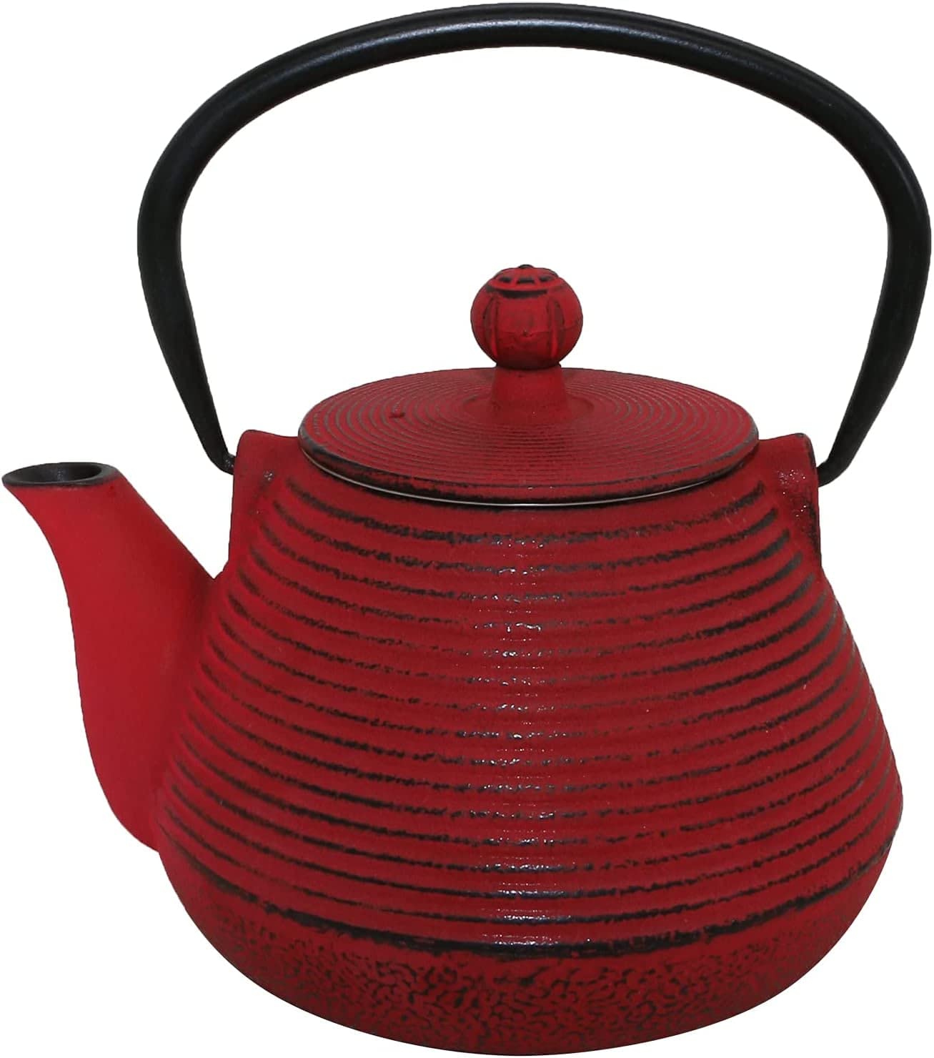 Tetera de hierro fundido, tetera, con infusor de acero inoxidable, apta para estufa, tetera con diseño de círculo rojo con revestimiento esmaltado en el interior, interior para 32 onzas (950 ml) (ROJO