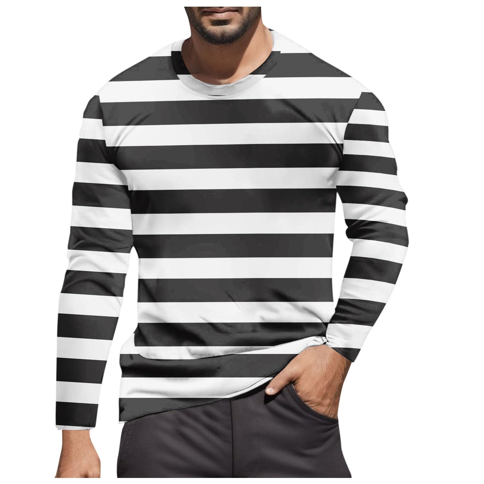 Striped Shirt Men Women Red White Long Sleeve T-Shirt Carnival Long Sleeve T-Shirt Horizontal Stripes Wide Stripes Fine Stripes Crew Neck Leisure Top Striped Shirt Fancy Dress Costumes, Black-11, XL