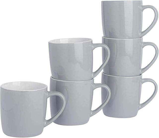 Argon Tableware Tea Coffee Mugs - 6pc Contemporary Coloured Ceramic Cups Set - 350ml - Grey - Pack of 6