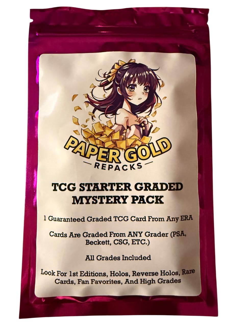 Paper Gold Repacks TCG Starter Graded Mystery Pack, 1 Graded Card, (PSA, Beckett, CSG, etc) All Grades, Look for 1st Editions, Holos, Rare Cards, Fan Favorites