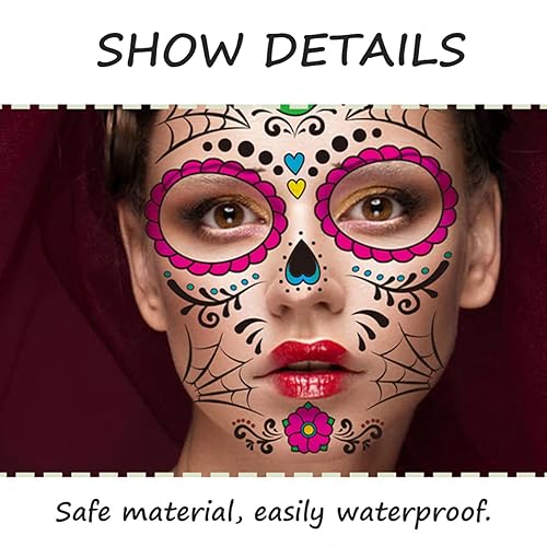 Miniatura 5 de Calcomanías de tatuaje de cara de Halloween, accesorios de festival, decoración de calavera de azúcar, maquillaje facial, bricolaje, autoadhesivo,