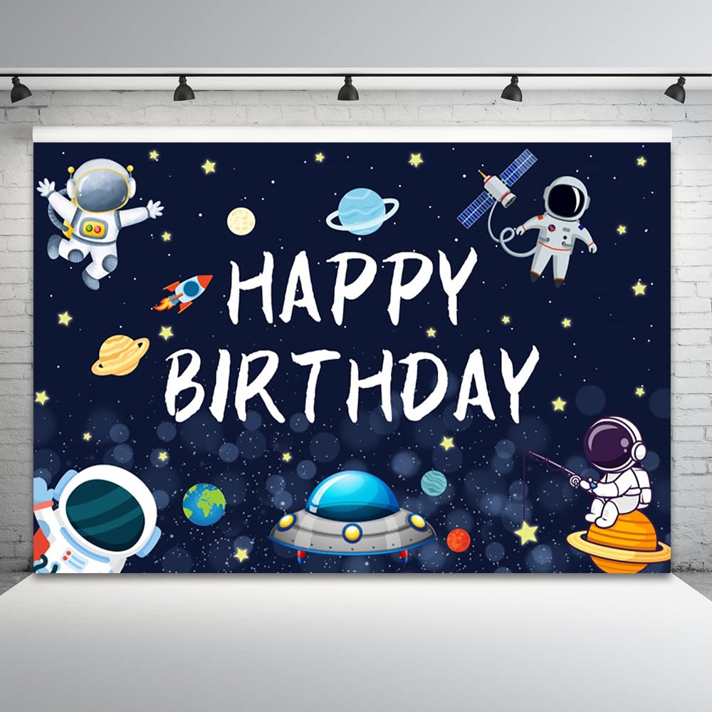 CRTPOD 7x5ft Outer Space Happy Birthday Backdrop for Photography Astronaut Rocket Planet Background for Kids Baby Boys Themed Party Banner Universe Decor Photoshoot Studio Props