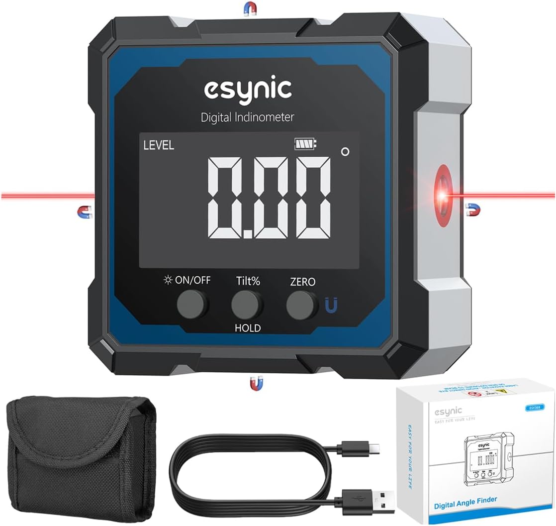 eSynic High Precision Digital Angle Finder with Laser-USB-C Rechargeable-4 Sides Magnetic Digital Angle Gauge-Rugged Aluminum Alloy Frame-for Construction (Laser Level: Class II Output: 0.51mW)