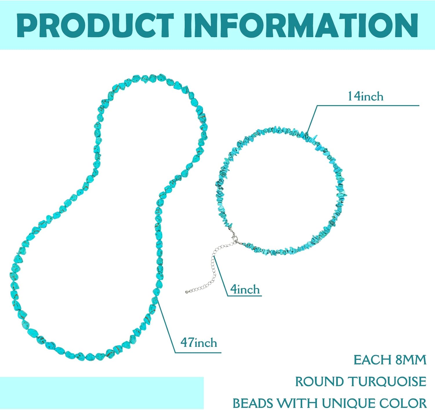 Glenmal 2 Pcs Turquoise Beaded Necklace for Women Turquoise Jewelry 47'' 14'' Long Endless Necklaces Multi Strand Layer Choker Knotted Stone Boho Western Homemade Jewelry - Image 3