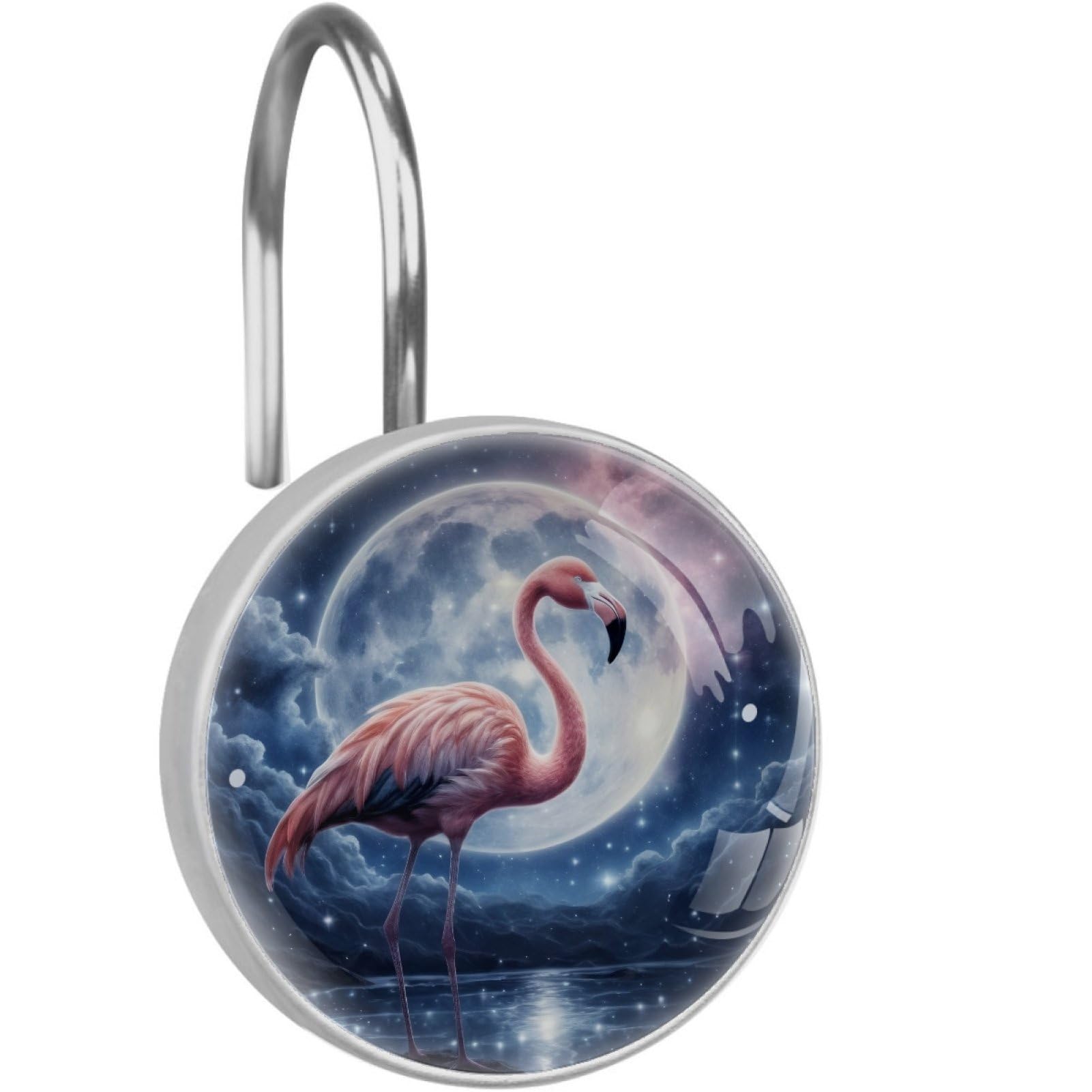 VAPOKF Decorative Shower Curtain Hook, Pink Flamingos Moon Rustproof Stainless Steel Shower Curtain Hook for Bathroom, Shower Curtain Hangers for Shower Rod