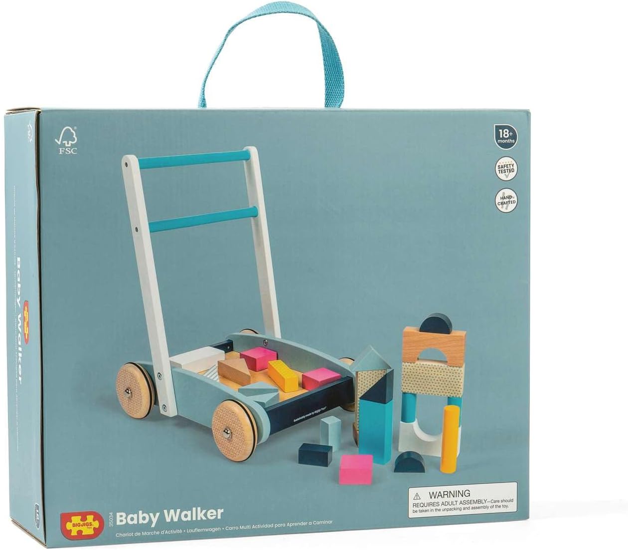 Bigjigs Toys FSC® Certified Wooden Baby Walker - Sustainable Wooden Walkers for Babies, Includes Building Blocks, Baby Walkers for 1 Year Olds, Push Along Toys