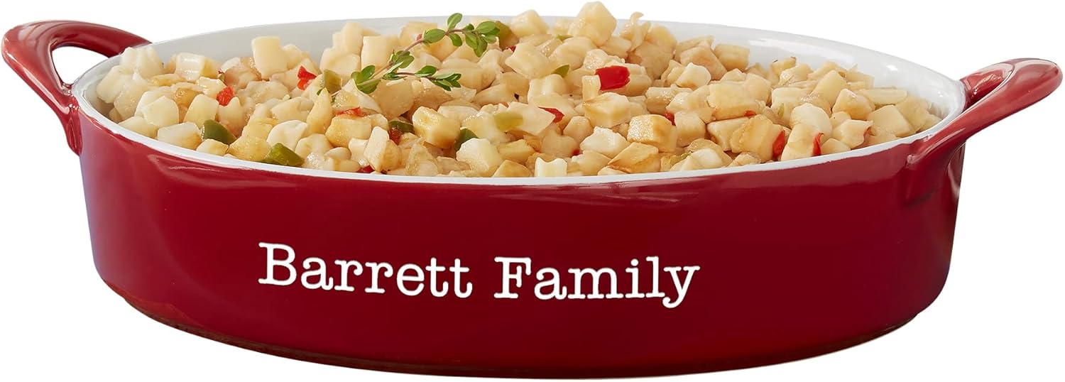 Personalization Universe Personalized Classic Ceramic Oval Baking Dish - 3 Quart Capacity, Oven Safe, Microwave and Dishwasher Safe, Ideal for Casserole and Pies, Custom Engraved Casserole Dish - Red