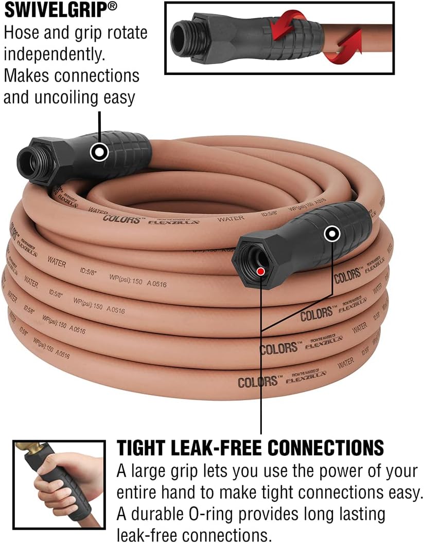Colors Garden Hose with Swivelgrip, 5/8 in. x 50'., Drinking Water Safe, Red Clay - HFZC550TCS, From the Makers of Flexzilla : Patio, Lawn & Garden