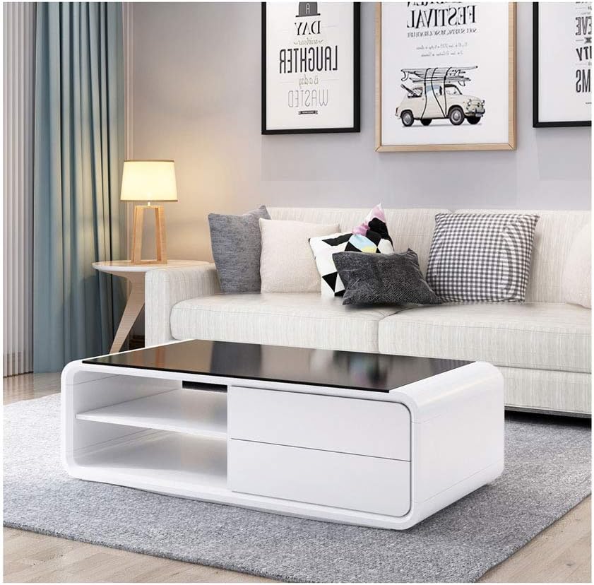 Shinawood White Coffee Table High Gloss with 2 Drawers Storage Space Tempered Black Glass Living Room Coffee Table/Side Table for Living Room Home Decoration