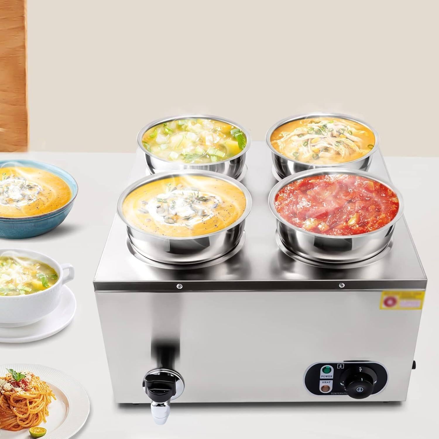 Calentador comercial de comida de mesa de vapor Bain Marie 1500W, 4x7L para restaurantes de catering.Protector de sopa eléctrico 110-240V con control de temperatura.Servidor de buffet de acero inserbl