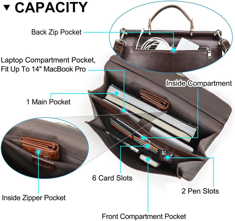 Contacts 14 Inch Laptop Briefcase for Men with Lock Full Grain Leather Messenger Bag Business Doctor Bag Computer Satchel Handbag