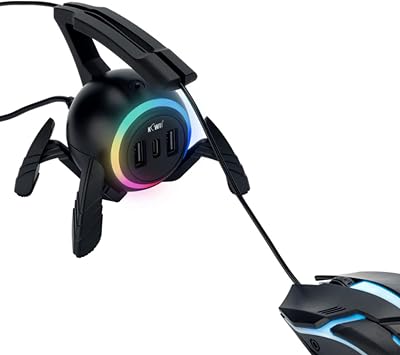 KIWIFOTOS Mouse Bungee Cord Holder Mouse Cable Holder with Detachable Flexible Arm for Wired Mouse Gaming Mouse Bungee, RGB Light, More Stable, Comfortable, Black