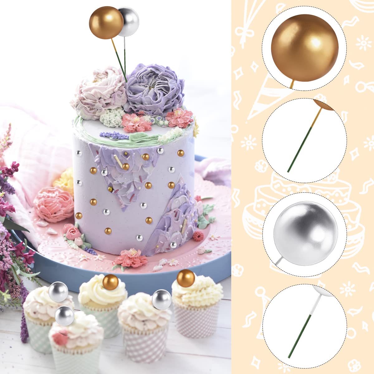 86 mini topper per torta a palloncino, per cupcake, palline di schiuma, perline rotonde fai da te con inserto per torta per anniversario, laurea, festa di compleanno, baby shower (oro, nero