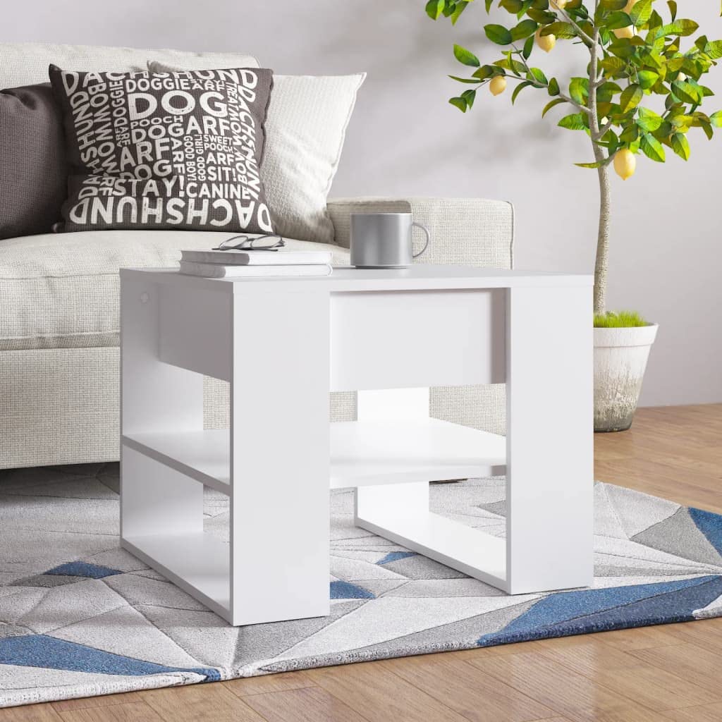 Mesa de centro blanca 55 x 55 x 42 cm, material de madera, diseño moderno con estante, mesa auxiliar estable, pequeña, ahorra espacio, para salón, balcón y dormitorio