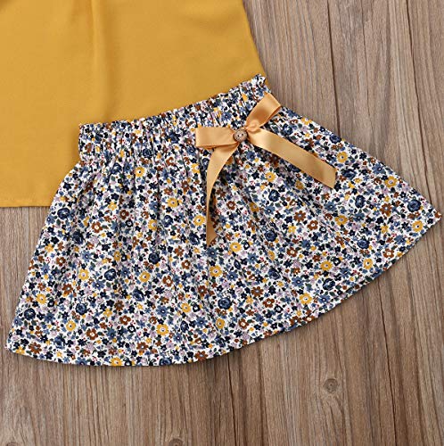2Pcs/Set Toddler Girl Summer Clothes Flutter Sleeve Chiffon Shirt Blouse Top + Floral Mini Skirt Outfits (Yellow+Floral, 4-5T) #TOP5