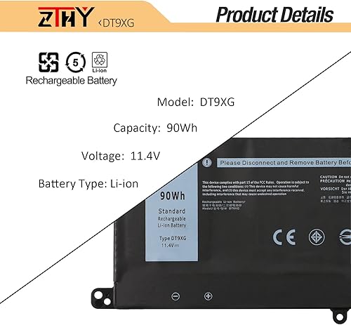 Miniatura 3 de ZTHY 90Wh DT9XG - Batería de repuesto para laptop Dell Alienware Area-167.3 ft R1 R2 ALWA51M-D1968W D1968B D1969PW D1733B D1746W D1735DB D1733PB