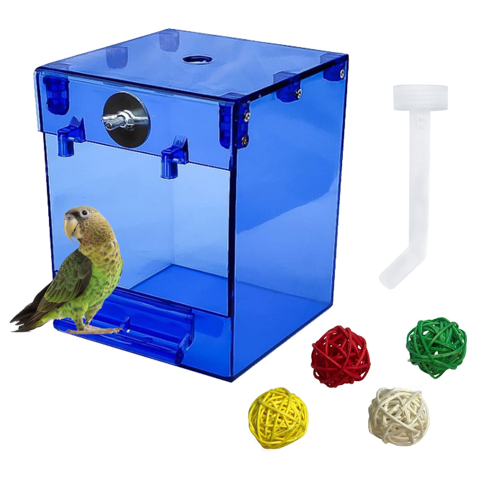PINVNBY Blue Acrylic Parrot Bath Box,Bird No-Leakage Bathtub for Cage Hanging Tube Shower Box Cage Accessory with Water Injector and Balls Toys for Small Pet Birds Canary Budgies Lovebirds(6 Pcs)