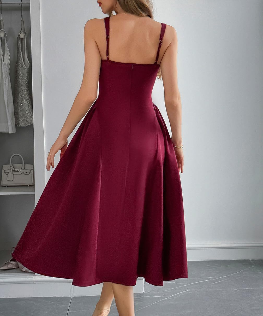 Wellwits Women's Wide Strap Square Neck Pleated Vintage Cocktail Formal Dress - Image 6