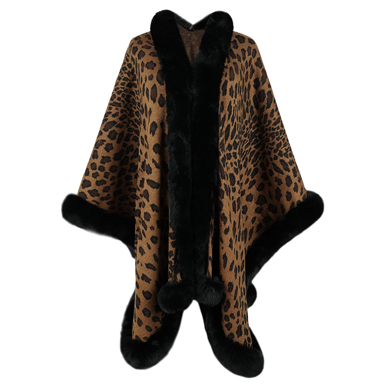Womens Leopard Print Shawl Wraps Faux Fur Trim Coat Bridesmaid Bolero Woolen Shrug Oversized Warm Cardigan Capes