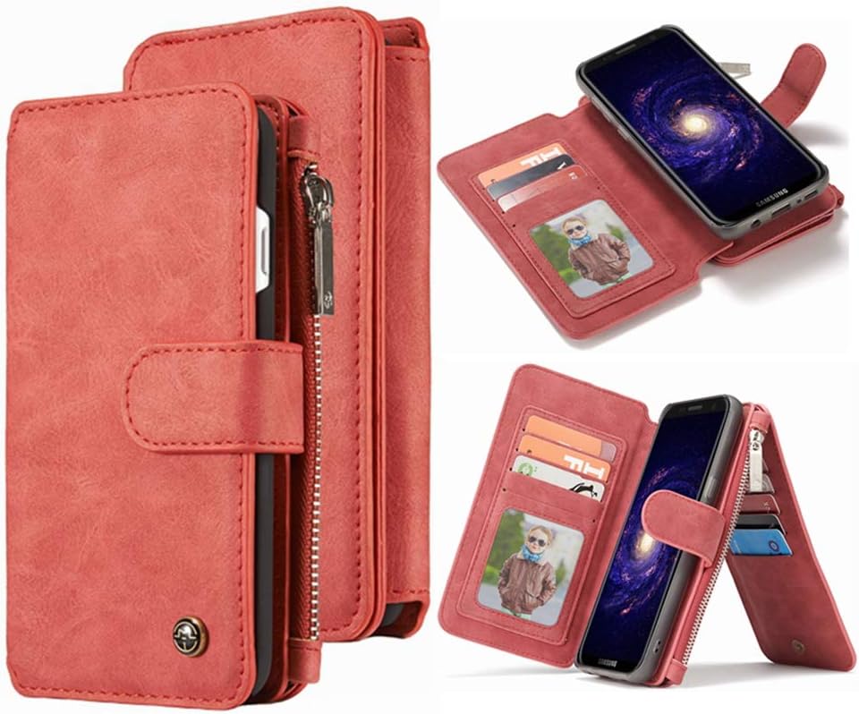 Hynice S8 Plus Wallet case,Galaxy S8 Plus Case PU Leather Detachable Magnetic with 14 Flip Card Holder Removable Slim Back Cover Zipper Pocket Kickstand for Samsung Galaxy S8 Plus (14Card-Red)