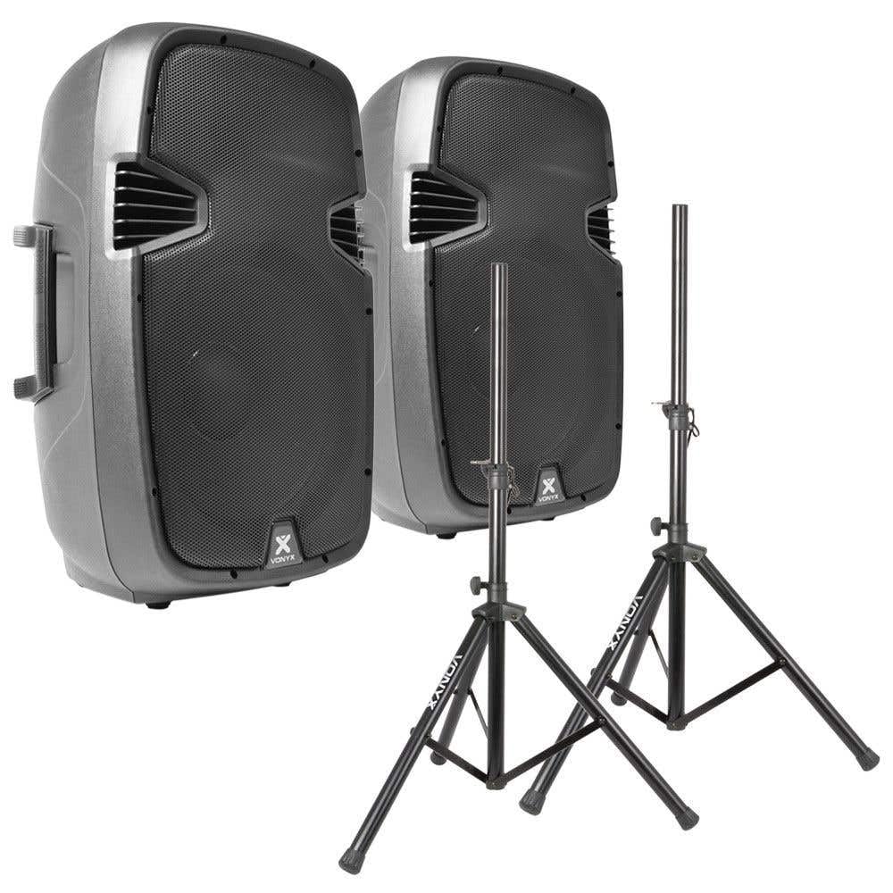 Vonyx SPJ-1500A 15" Aktivlautsprecher Set 1600W – PA Lautsprecher mit Stativ & Tasche – 2X 15 Zoll Aktivboxen mit integriertem Verstärker, EQ & Mikrofoneingang – DJ Lautsprecher Komplettset
