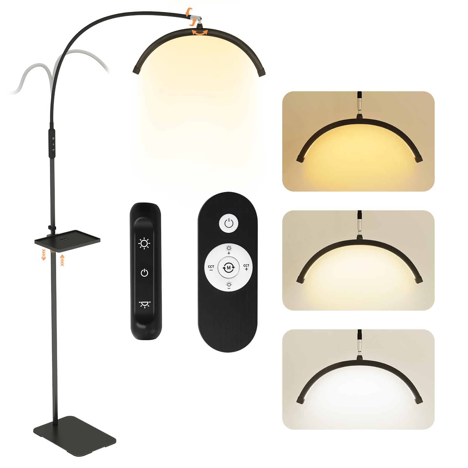 YU YUSING Lampada Estetista LED a Mezza Luna con Testa a 320 Gradi, Lampada da Terra Altezza Regolabile, 3 Modalità Colore, Lampada Smart Ciglia, Bellezza, Tatuaggi, Unghie, Vassoio rimovibile, Nero