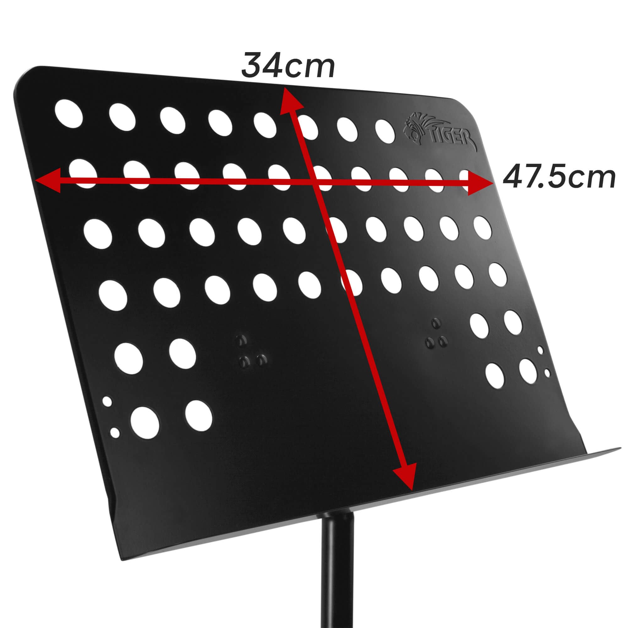 TIGER Pupitre Orchestre 2 Niveaux Réglable Noir | Pupitre 66–115cm, plateau 47,5x34cm avec rebord, inclinaison sans engrenage, rotation & base trépied pliable stable