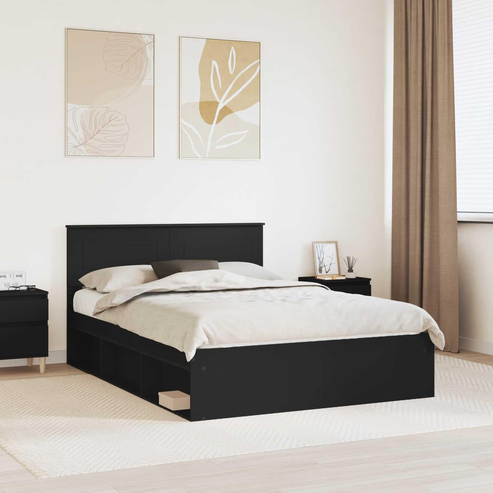 Lit double noir 140x200 avec tête de lit pour chambre cosy et moderne