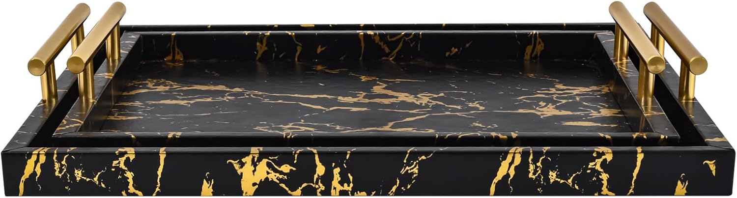 Modern Decorative Tray Set of 2 - Black and Gold Marble Wood Serving Tray with Gold Polished Metal Handles for Ottoman, Coffee Table, and More - Image 7