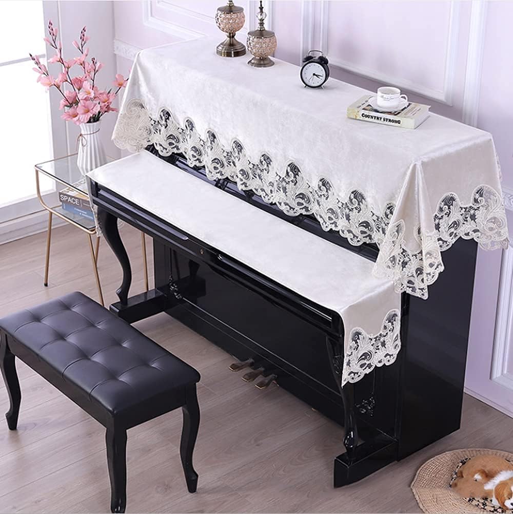 Upright Piano Cover Set Fashion Dustproofing Cover Electronic Piano Cover Piano Keyboard Cover Set Upright Top Cover, Fashionable Lace Embroidery Rural Style (Blue-Piano Key Towel 220 * 28cm
