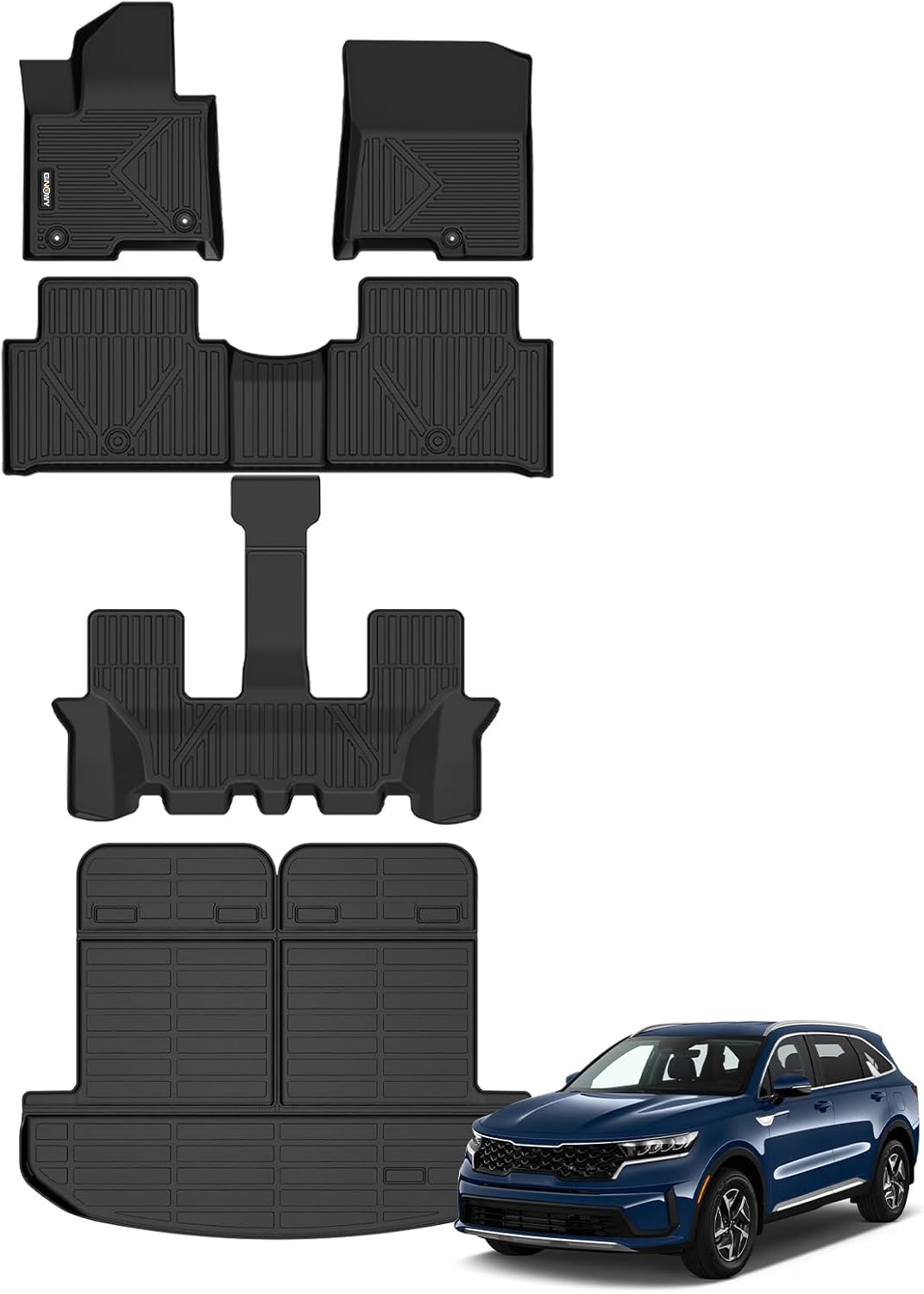 GINOWY®-Floor Mats & Cargo Liner Set for Kia Sorento Hybrid 2021-2025(PHEV & HEV), All Weather Mats Sorento Hybrid Cargo Mat Trunk Mat Trunk Liner TPE Rubber Car Accessories Floor Mat Black Srento Hybrid 2021-2024(set)