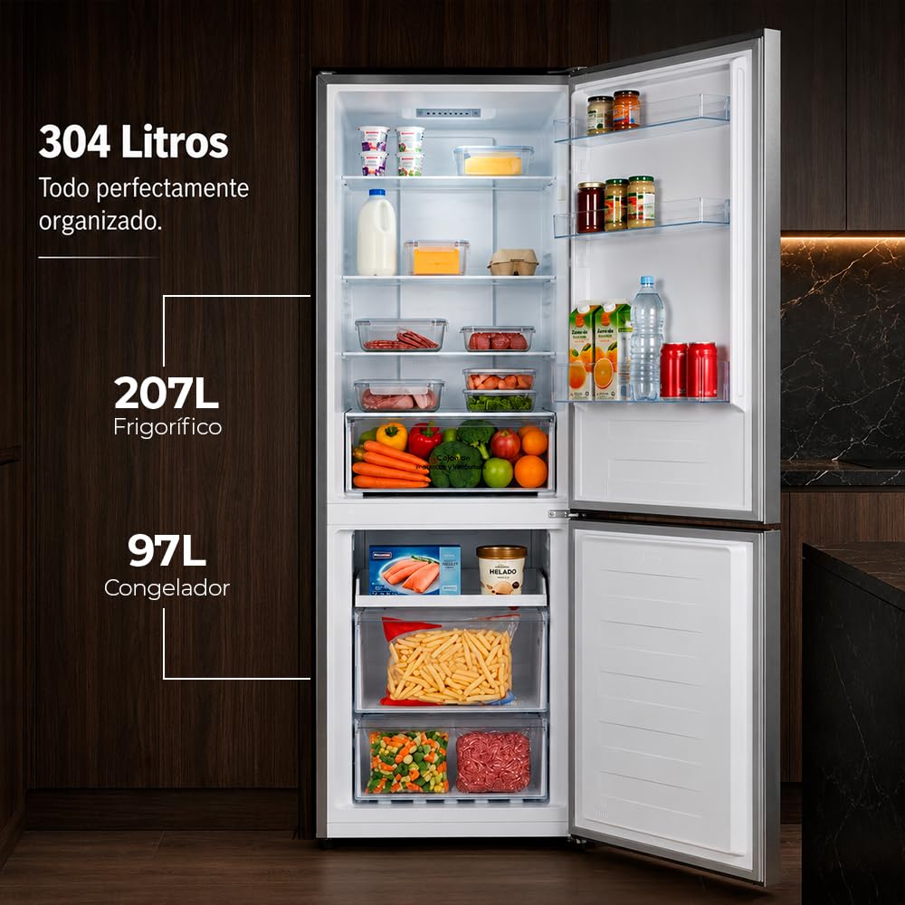 NILSON Frigorifero combi in acciaio inox a 2 ante, NC185601ENFX, capacità 293 litri, No Frost, Multi Air Flow, 40 dB, porta reversibile, apertura tipo maniglia, classe energetica E