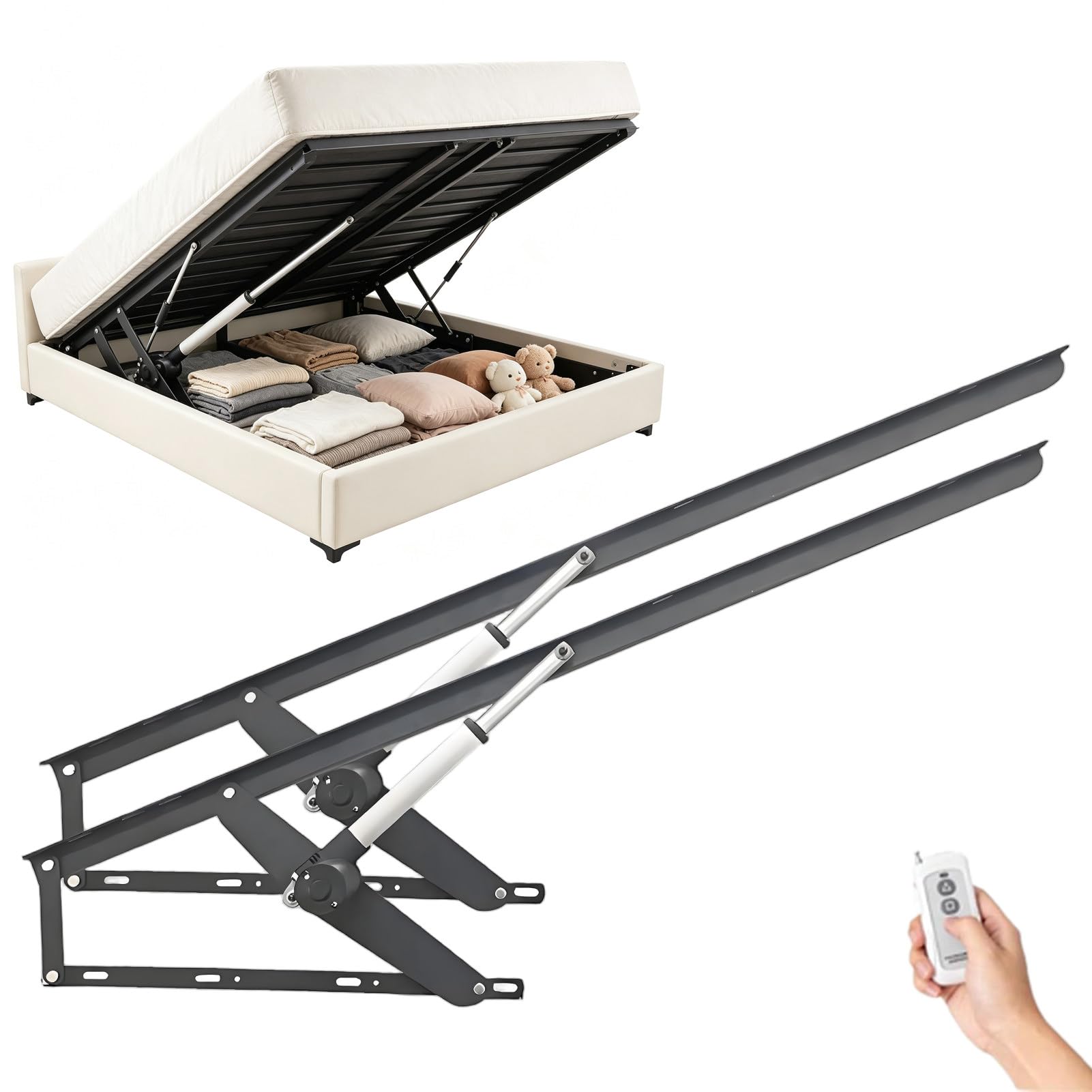 Mecanismo Eléctrico de Elevación de Cama (2 Unidades) con Control Remoto y Amortiguadores de Gas; Capacidad de Carga de 600 kg; Ideal para Camas con arcón o sofás Cama Black-110cm
