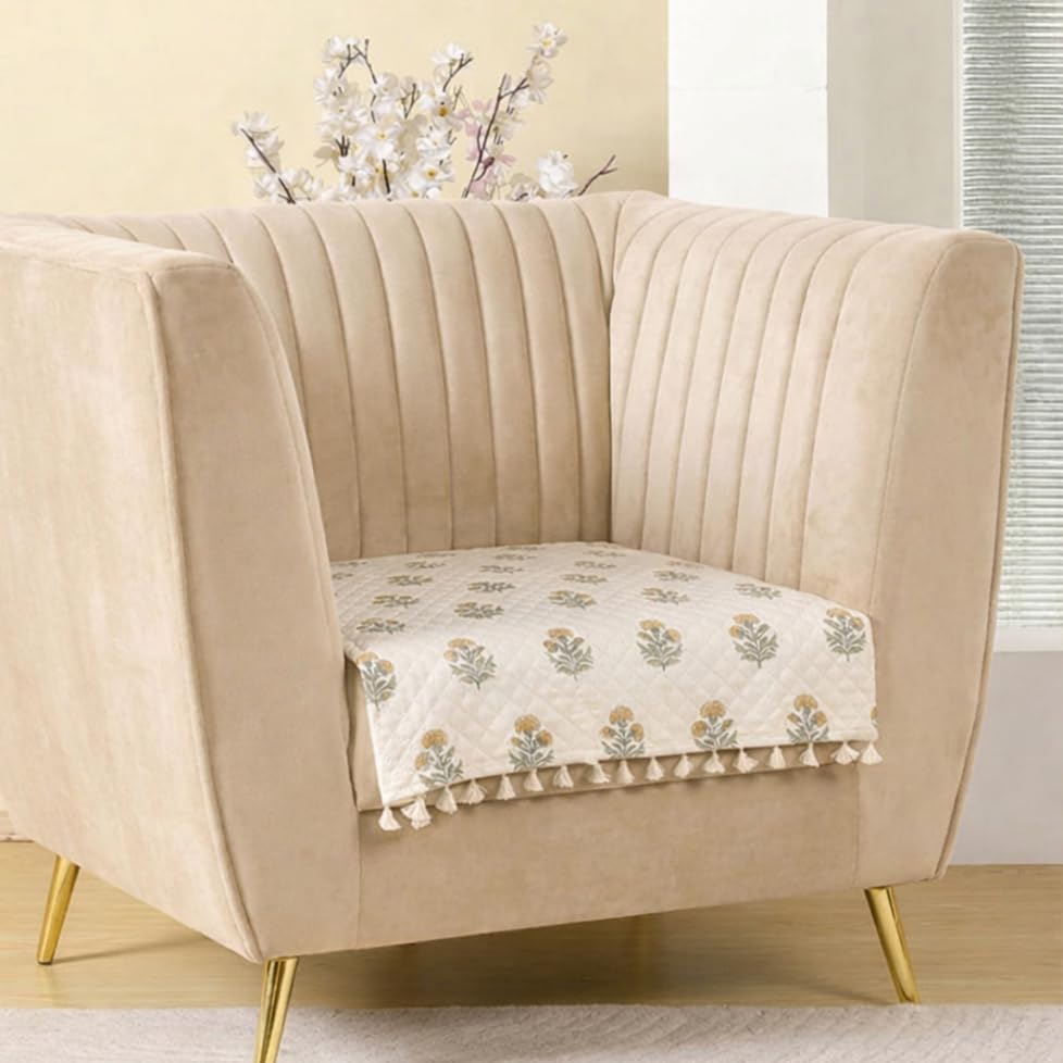 Image of HOMEMONDE 1 Seater Quilted Velvet Printed Sofa Cover with Tassels |Soft, Durable & Premium Fabric with Tassels | Sofa Cover Mats for Living Room, Bedroom & Drawing Room (76 X 61 CM, Meadow Bloom)