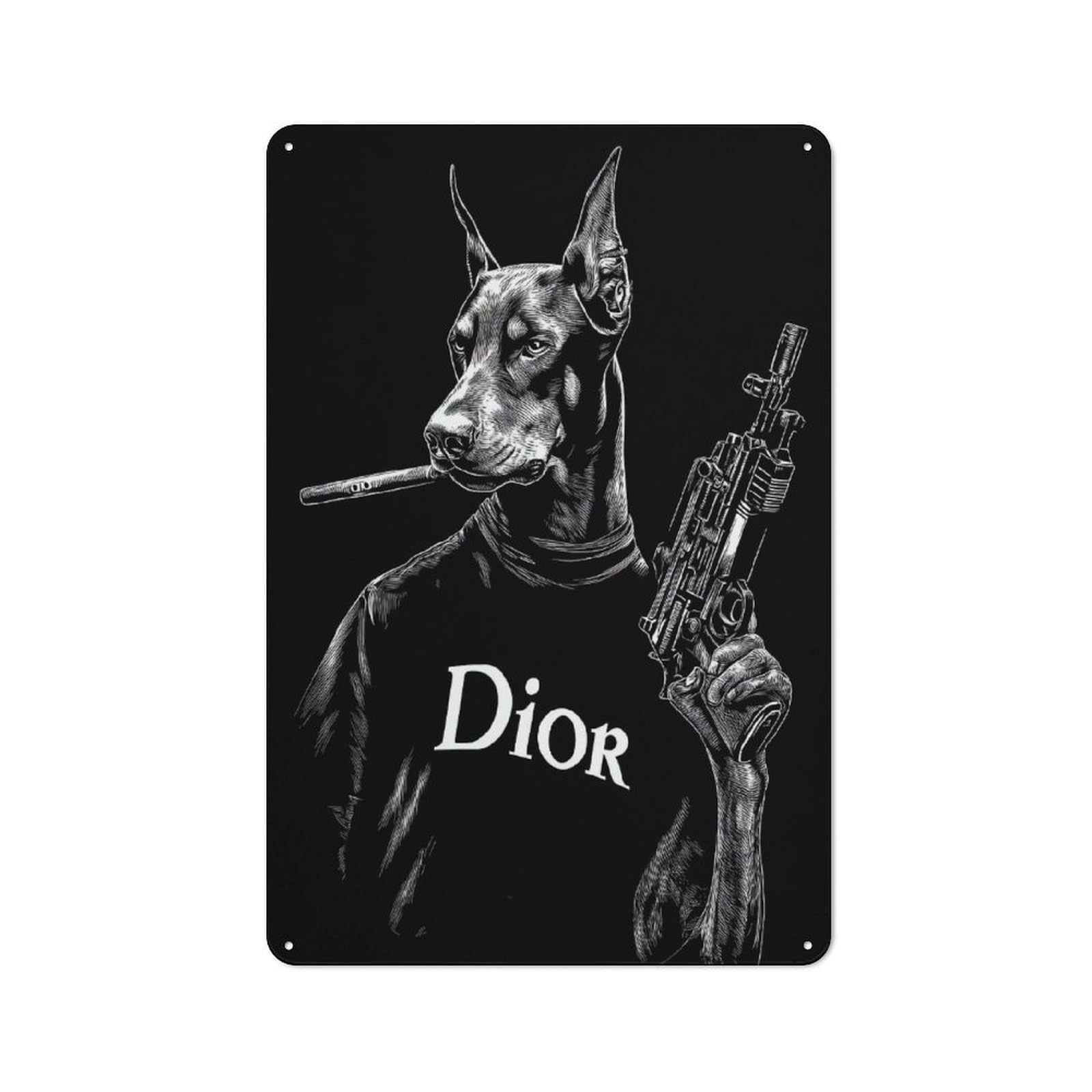 Junmoney Style-20 Metal Sign 30X20cm With Doberman With Cigar And Gun For Hallway Wall, Retro Decor, Gift For Hallway Decor Lovers During The Christmas Season