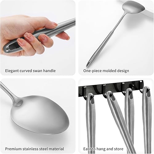 Miniatura 5 de Juego de utensilios de cocina de acero inoxidable 304, 12 piezas de utensilios de cocina de metal largo con espátula, cucharón, cucharón, cucharón,