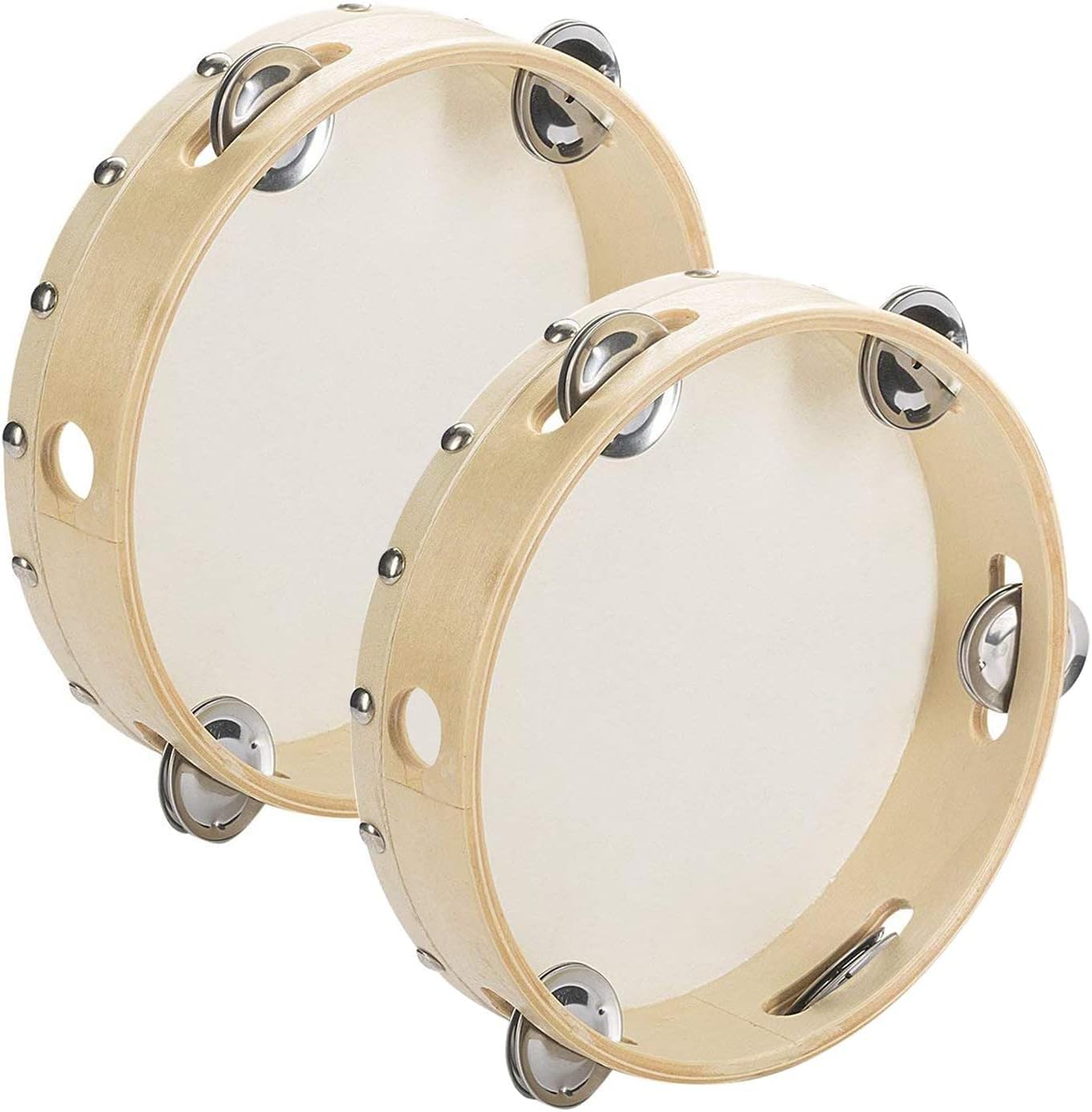 Tosnail Pack of 2 Pieces 7" Wooden Tambourine Hand Held Drum Bell, Single Row 5 Pairs Metal Jingles Percussion Musical Instrument