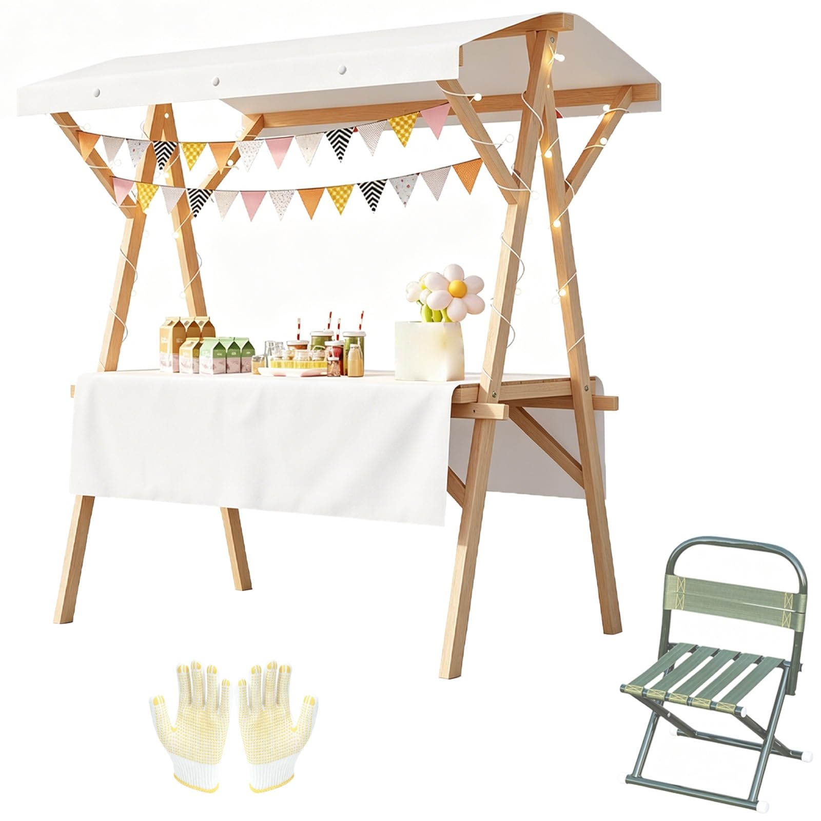 Wooden Market Stall vendor Cart with Striped Canopy, Foldable Vendor Booth with Wheels, Chair for Flea Market, 660lbs Load(White,144x60x190cm/56x24x75in)
