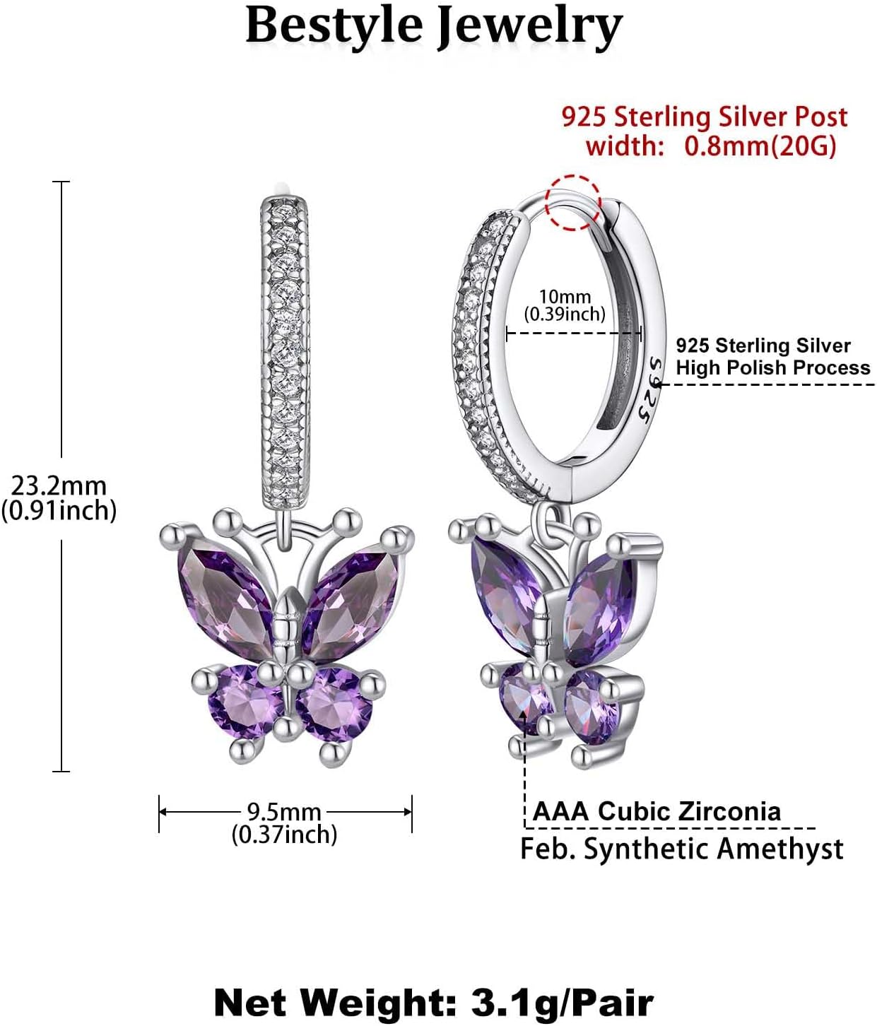 Bestyle Gold Butterfly Earrings for Women, Dainty Cute Birthstone Studs Hypoallergenic Jewelry, Great Birthday Gift