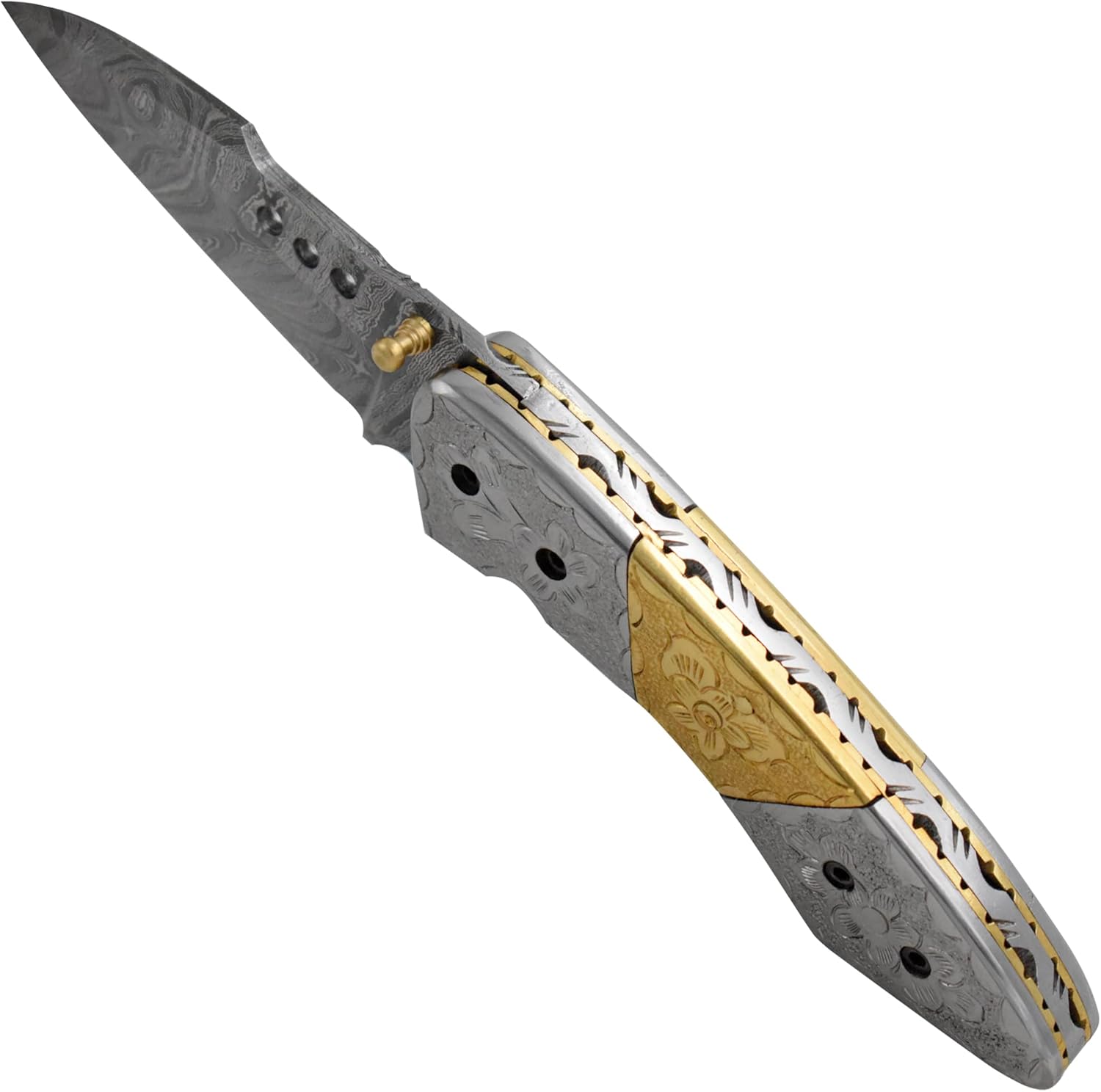 Custom Handmade Damascus Steel Folding Knife - Beautiful Design Handle with Steel & Brass Bolsters