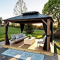 PURPLE LEAF 10' X 12' Hardtop Gazebo Outdoor Wood Grain Aluminum Frame Galvanized Steel Double Roof Gazebos with Netting and Curtains for Patio Deck Backyard Garden