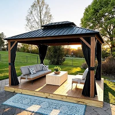 PURPLE LEAF 10' X 12' Hardtop Gazebo Outdoor Wood Grain Aluminum Frame Galvanized Steel Double Roof Gazebos with Netting and Curtains for Patio Deck Backyard Garden