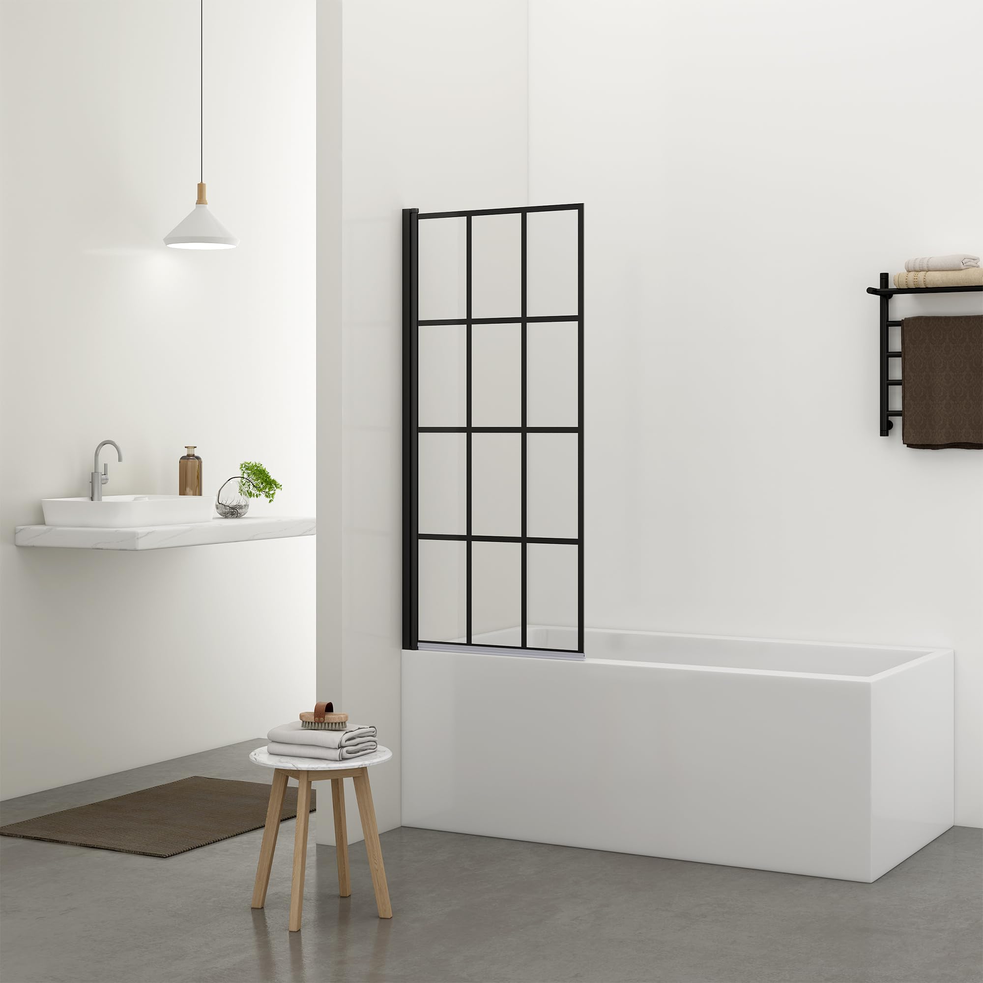 Bathlink Black 800 X 1400Mm Grid Shower Screen, Pivot Bath Shower Screen, 5Mm Safety Clear Glass Bath Screens, Bath Panel