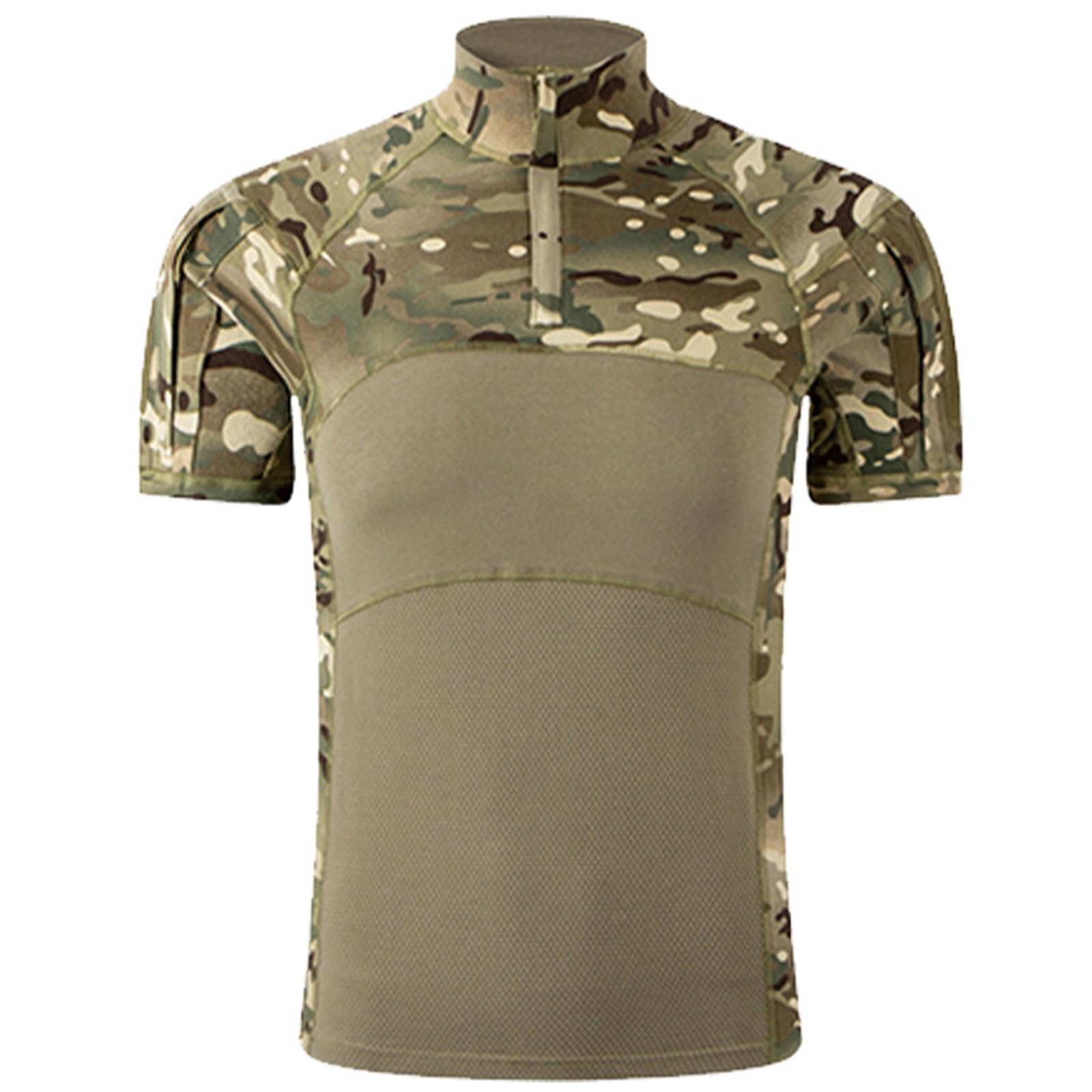 Uomo Camicia Tattica Militare Manica Corta, Slim Fit Mimetica Combat Resistente all'Usura Shirt con 1/4 Cerniera Airsoft Caccia