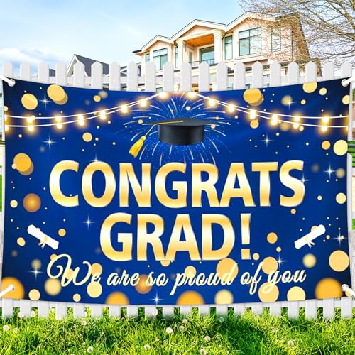 Large Graduation Banner Decorations Blue Gold Congrats Grad We are So Proud of You Backdrop Class of 2026 Photo Background for College High School Grads Graduation Party Supplies Decor Indoor Outdoor