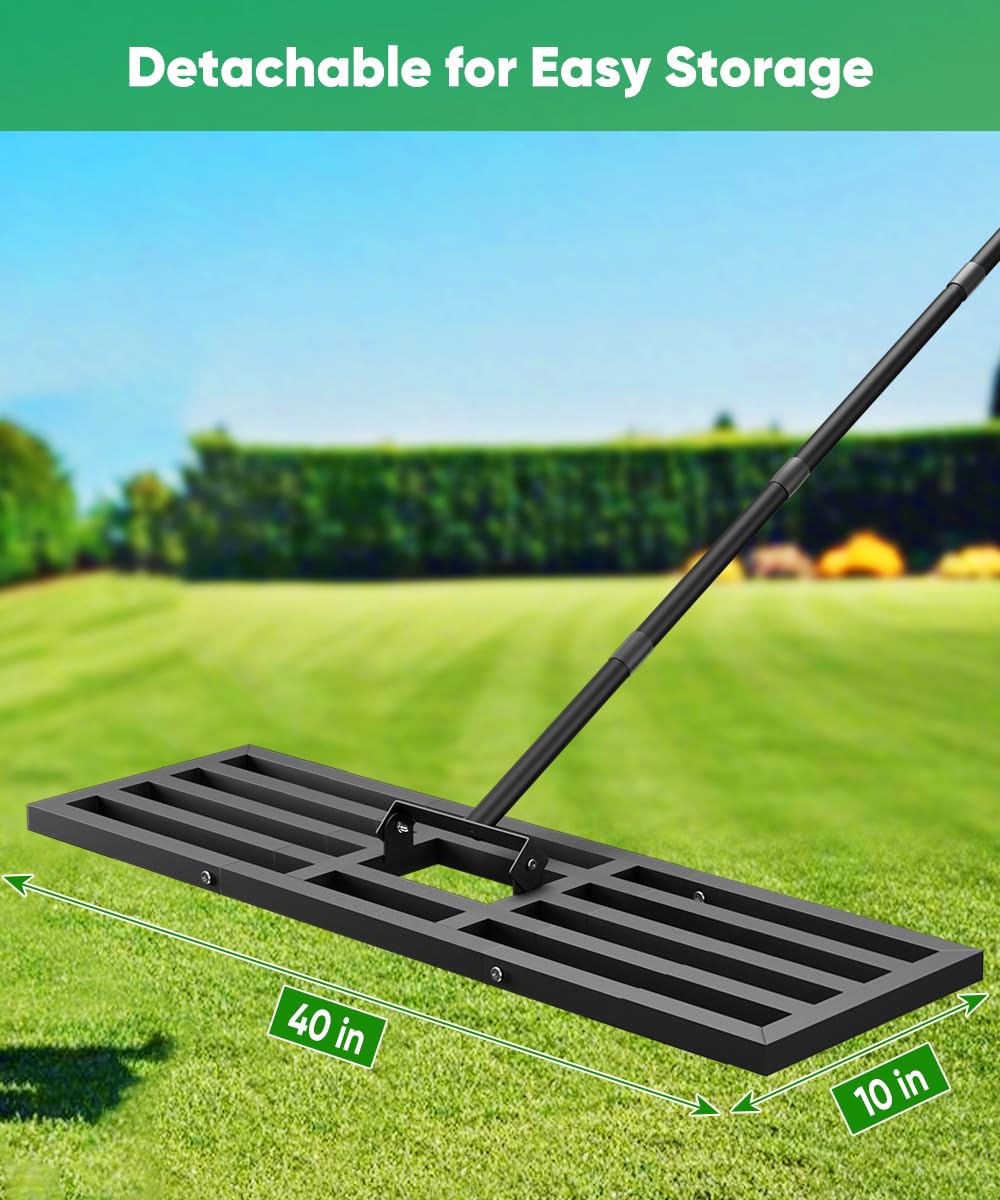 Râteau de nivellement de pelouse 40 x 10 pouces, outil de nivellement de pelouse amélioré avec connexion renforcée robuste, râteau de jardin avec long manche réglable, niveleur de sol pour lisser la