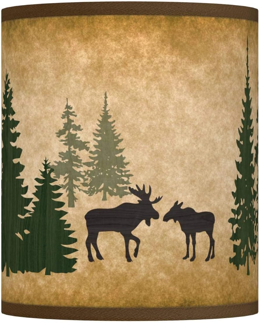 Cylinder Print Lamp Shade (Pre-Assembled) Moose Lodge Brown Green Medium 10" Top x 10" Bottom x 12" High Spider with Replacement Harp and Finial Fitting - Giclee Glow